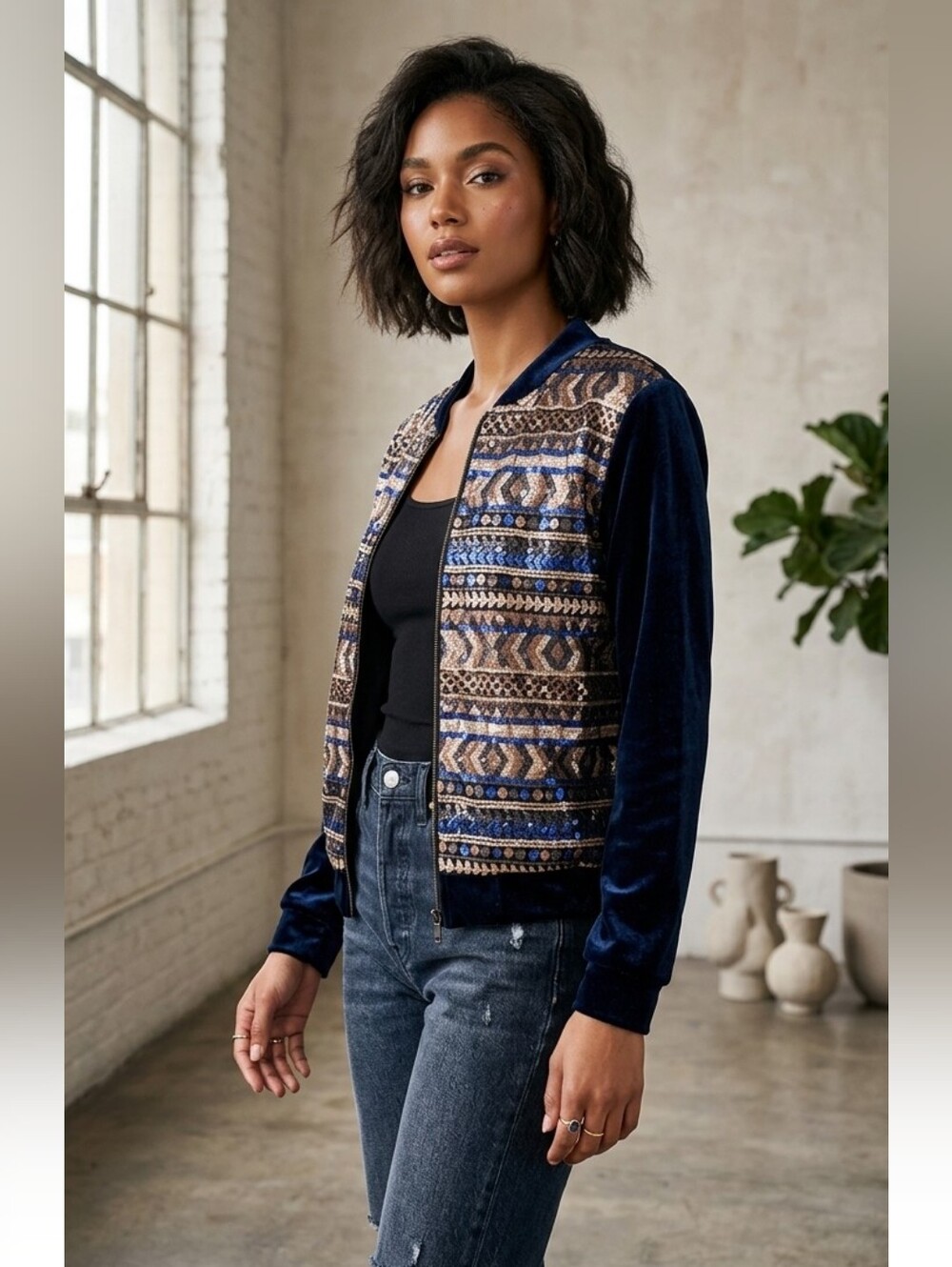 ALLURE by Julia K Blue Velvet Gold Blue Sequin Geometric Zip Jacket Size M